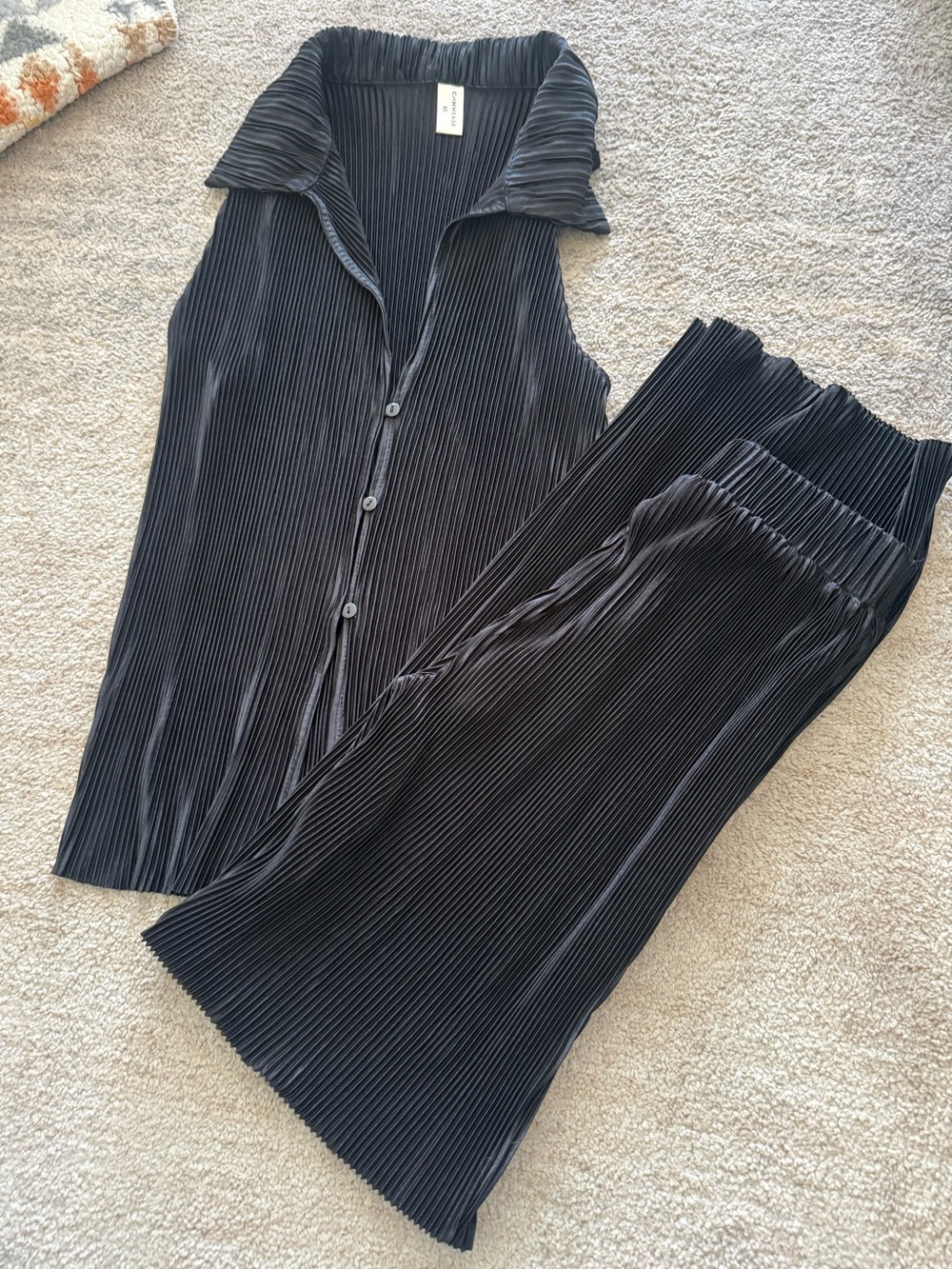 Commense Pleated Sleeveless Button-Front Top and Flared Pants Set - Black